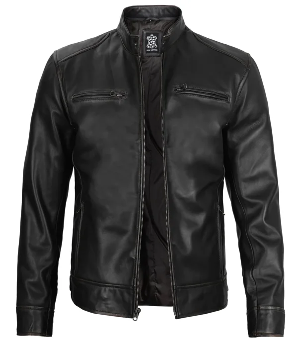 Dodge Men's Black Leather Cafe Racer Jacket - Biker Jacket