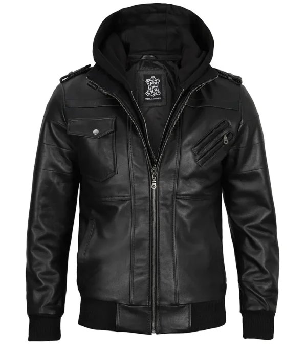 Men's Black Leather Jacket with Removable Hoodie