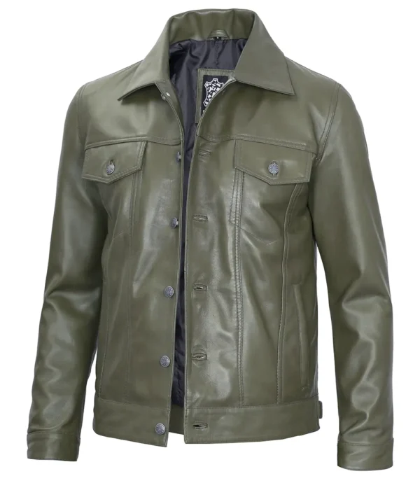 Fernando Men's Dark Green Real Trucker Leather Jacket