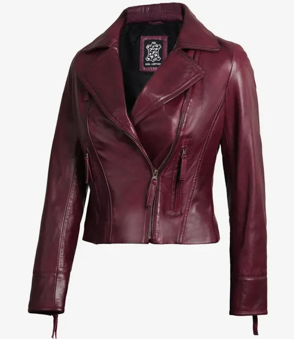 Ramsey Women's Maroon Asymmetrical Waxed Biker Leather Jacket