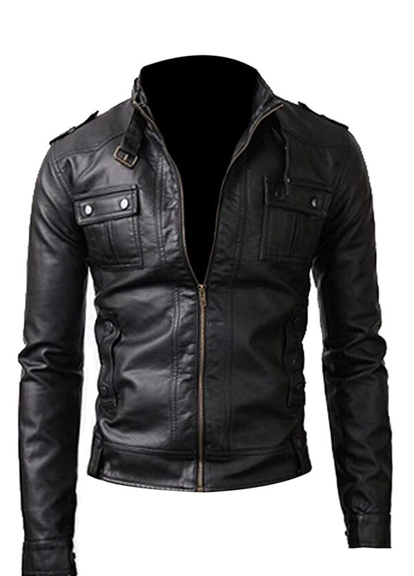 Strap Pocket Slim Fit Black Leather Jacket  Mens Black Jacket
