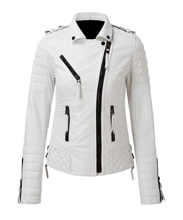 Women's White Quilted Biker Rider Leather Stylish Brando Jacket