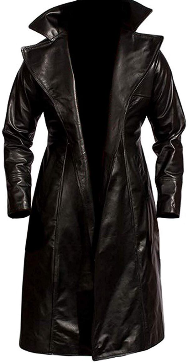 New Mens Black Real Leather Long Trench Overcoat