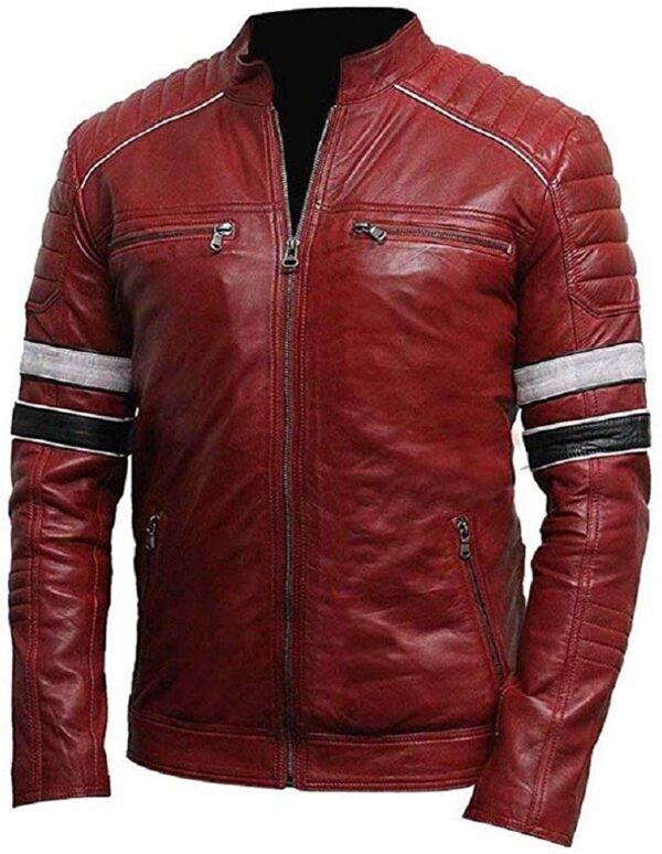 Mens Vintage Red Retro Biker Leather Stripe Jacket
