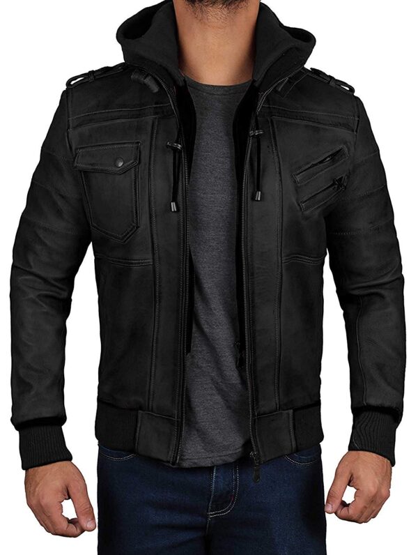 Real black Leather Jacket Men - Hand Waxed Bomber Leather Jacket Removable Hood
