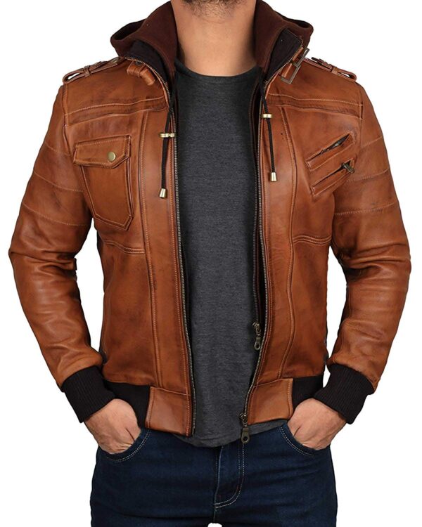 Real Leather Jacket Men - Hand Waxed Bomber Leather Jacket Removable Hood