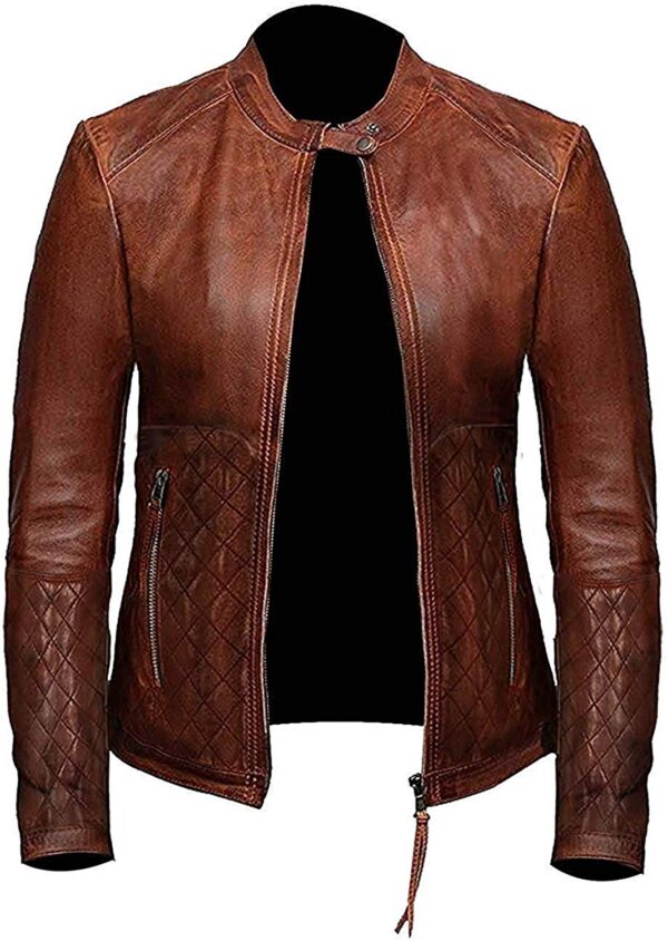 Women Diamond Classic Distressed Brown Leather Jacket