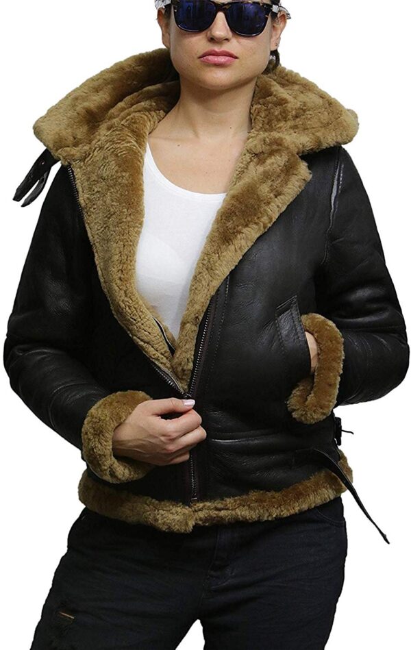 Womens Hooded Aviator Real Shearling Sheepskin Jacket
